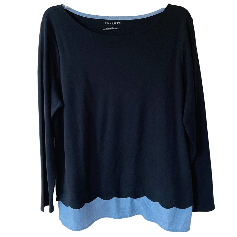 Talbots Size XL Faux Shirt Scallop trim Boat neck Navy Blue Pullover